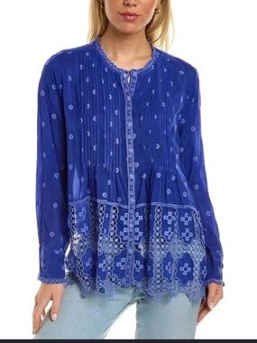 Johnny Was Royal Blue Silk Embroidered Tunic Top